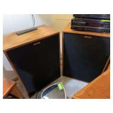 Pair Klipsch Cornwall II Oiled Oak speakers 25 x 36 w/unfinished floor risers in box
