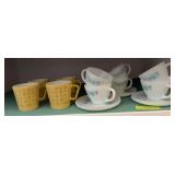 Fire King cup & saucer set and 4 Pyrex coffee cups