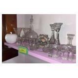 Vintage decanter w cool stopper, candleholders, etc