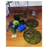 Colored glass includes deviled egg trays, shakers, retro napkin holders, etc