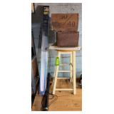 Wood barstool, black light, shop light, 2 old wood boxes