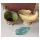 Fenton duck and 2 Frankoma cornucopias