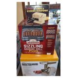 Meat grinder, Sausage grill and knife sharpener All appear NIB