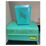 Vintage plastic bread box and cookie jar teal green/blue