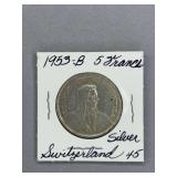 1953 B Switzerland 5 Franc Silver coin