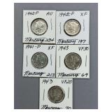 5 Mercury Dimes as Shown