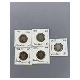 5 Barber Dimes as shown