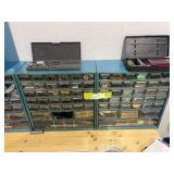 Two assortment bins full of gun parts pieces, and miscellaneous