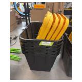 Five small black storage totes with lids