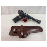 Ruger Mark 1, .22 Cal long rifle automatic pistol serial number 16–74537 with leather holster