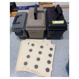Three ammo boxes, and large pile of paper targets
