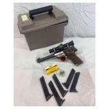 High Standard Manufacturing .22 long rifle model Super Matic Trophy serial number Military 246-1974 with five magazines and small box of 22 target ammo plus plastic ammo box - includes scope
