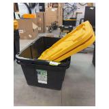 Five large black storage totes with lids