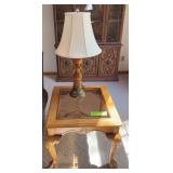 Two matching glass top end tables w ball and paw lamps, 2 table lamps