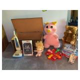 Toy box w FP vacuum, pin ball machine, games, stuffed pig, play pen, etc