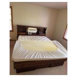 King size waterbed frame w bookcase headboard and under drawers, Lebeda mattress and bed topper