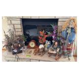 Home decor includes dried flowers, doll, plastic cased mantle clock, glass decor, etc