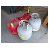 (2) 5 gallon gas cans and 2 LP grill tanks