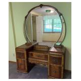 Ornate veneer waterfall vanity table w round mirror 18D x 52L x 70H