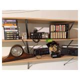 Gilbert mantle clock, boomboxes, 8 tracks, VHS tapes, Royce CB radio