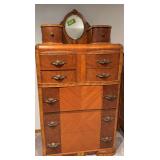 Ornate veneer waterfall seven drawer chest of drawers w mirror and very rare perfume boxes 18D x 34L x 65H