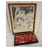 17 x 21 shadowbox style picture frame/case, Frank Miller The Changing Image print and a box of shards,fossils,rocks etc...