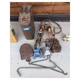 Pullies, jack stands, chain, hydraulic floor jack, Jerry can, meat hooks