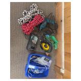 Battery powered circular saw, Makita electric drill, glue guns and rope