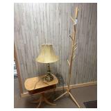 Small side table, wooden hall tree, table lamp, and wall hanging towel rack