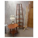 Wood side table, wooden corner shelf, and wooden hall tree plus table lamp