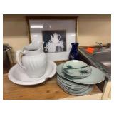Bamboo shoot set of China, pitcher and bowl with chip, Asian motif vase, and pitcher picture