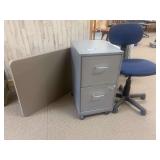 Two drawer file cabinet, rolling desk chair, and small fold up half table
