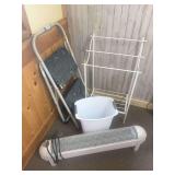 Costco step ladder, towel rack, floor radiant style heater, and trashcan