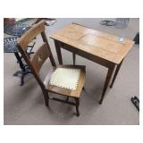 Antique sewing table made into small writing desk, and wood chair