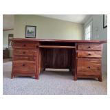 *LATE ADDITION* GORGEOUS Solid Wood Executive Desk with keyboard tray, drawers, and solid top.
Length: 73"
Width: 35"
Height: 31.5"

Please note - the desk can be taken apart, but the buyer would need