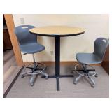 Bar height round table and adjusting hard plastic office chairs