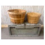 Antique wooden storage box and two apple baskets