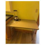 Rolling microwave stand, small fold up table, pie plate and oster blender