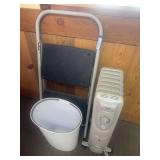 Costco step ladder, room heater and trashcan