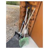 Miscellaneous yard tools, pitchfork, shovel, manure rake