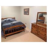 Hard rock maple bedroom set includes full-size bed with like new Sealy Posturepedic mattress, dresser with mirror, chest of drawers, and nightstand