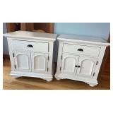 Pair of modern nightstands w single door and lower double doors Top of one is damaged 18D x 28L x 30H and king size bed frame, no mattresses!!