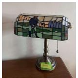 "Stained" glass lamp w golfer shade