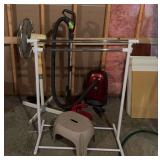 Fan, Kenmore tank vac, clothes rack, stool