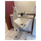 Ironing board, laundry basket, fabric steamer, two irons