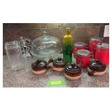 4pc canister set, covered stoneware soup bowls, cake pedestal w dome, k-cup holder, etc