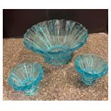 SW pattern blue glass serving bowl w matching small bowls reversible to candle holders One is broken but piece is there to repair