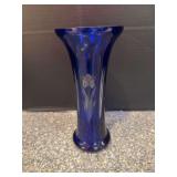 Blue cut to clear bohemi glass vase 10” tall