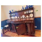 Beautiful quarter sawn oak 2pc buffet, carved front Three drawers across front and four doors of storage 30D x 91L x 67H NO CONTENTS!!