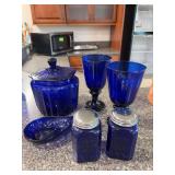 Blue glass S & P, buiscut jar, spoon rest